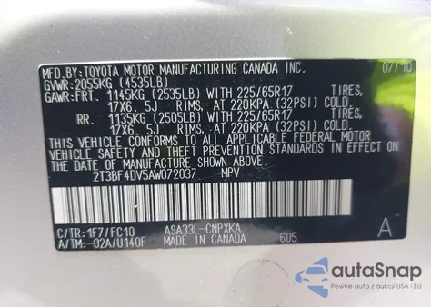 2010 Toyota Rav4 из США, поврежденный, VIN 2T3BF4DV5AW072037